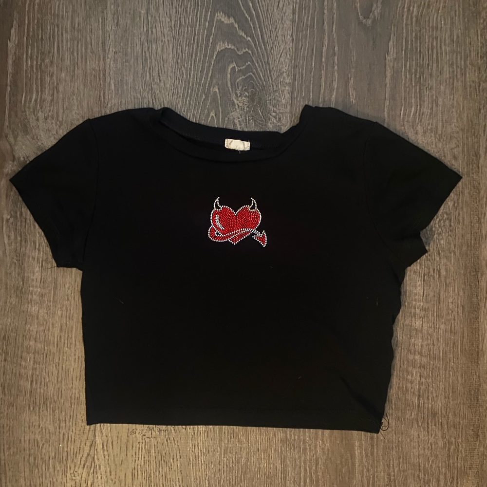 Garage “stormi tee” (red rhinestone heart with devil horns & tail)